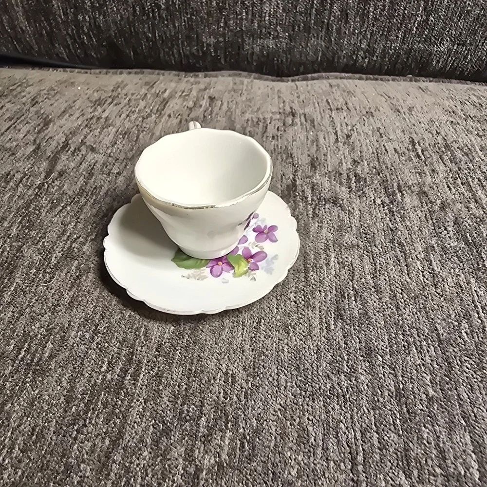 VTG Miniature Tea Cup & Saucer Gold Trim Pink and Purple Floral Japan Scalloped